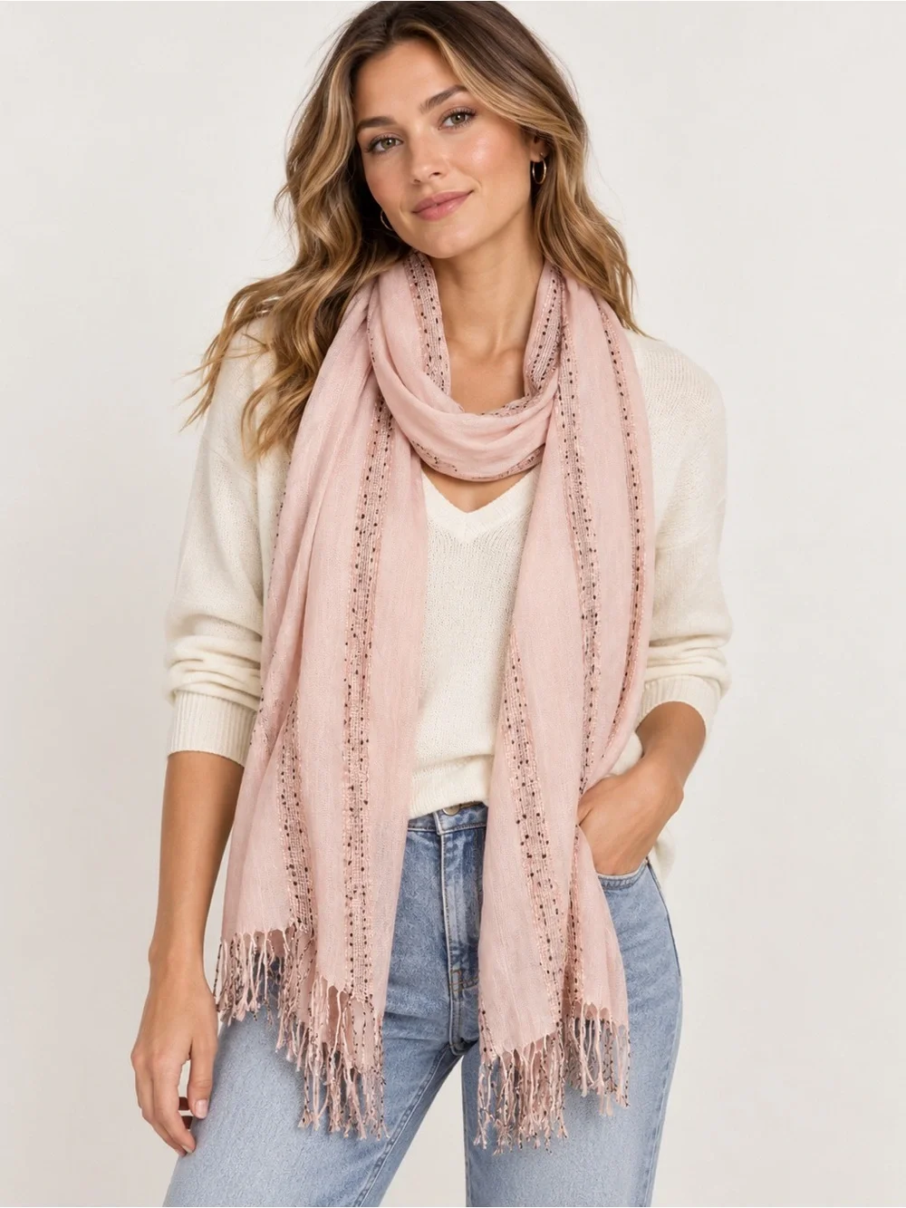 Blush Pink Boho Woven Fringe Scarf Lightweight Textured Cottagecore